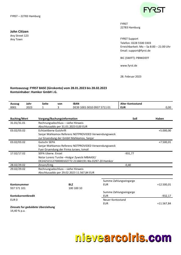 Germany Fyrst bank statement Word and PDF